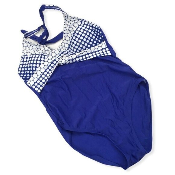 One Piece POLKA DOT Swimsuit Blue White Women Size Small Color Block New - Picture 2 of 8